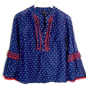 J Crew Top Blue Peasant Style Bell Sleeve Embroidered Popover Silk Blend